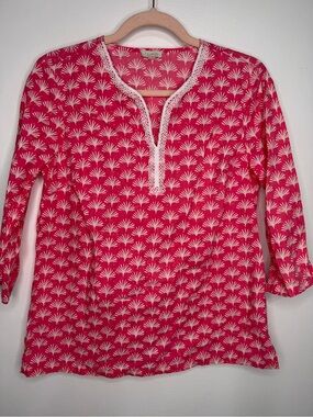 Talbots Pink Printed Cotton Tunic Top with Lace Trim